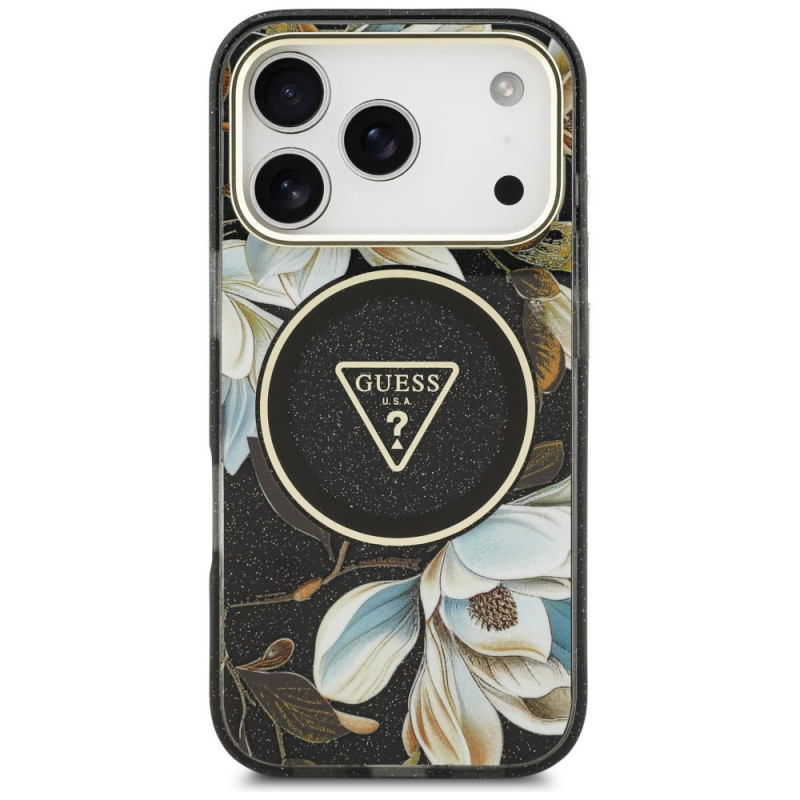 Guess IML Glitter Flowers Triangle MagSafe puzdro pre Apple iPhone 18 Pro Max / 17 Pro Max, čierne