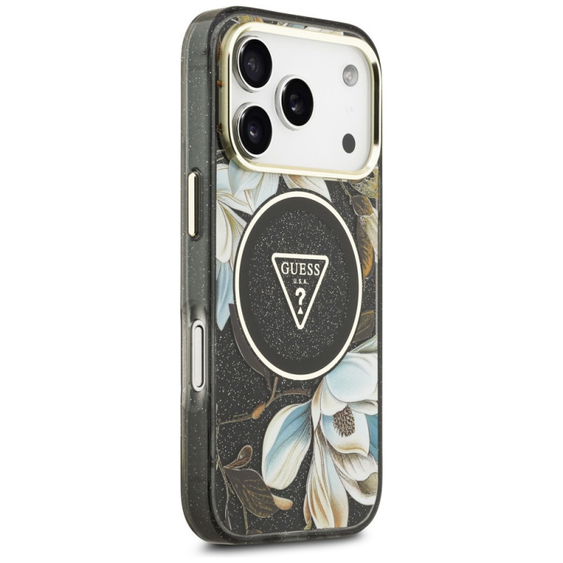 Guess IML Glitter Flowers Triangle MagSafe puzdro pre Apple iPhone 18 Pro Max / 17 Pro Max, čierne