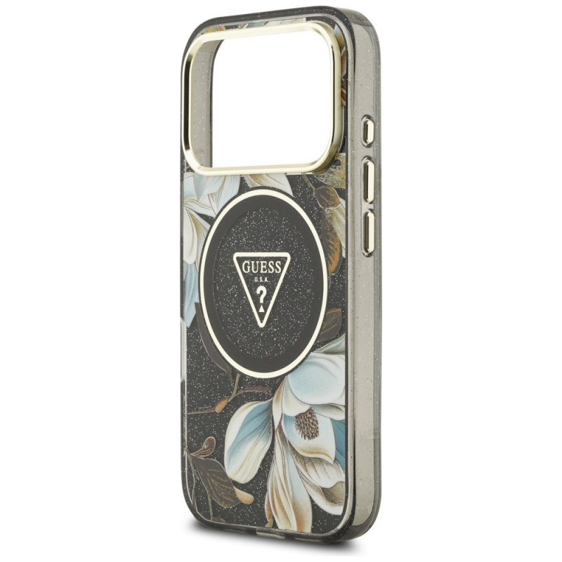 Guess IML Glitter Flowers Triangle MagSafe puzdro pre Apple iPhone 18 Pro Max / 17 Pro Max, čierne