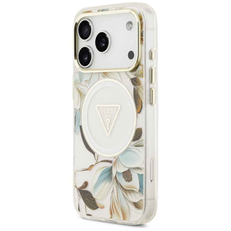 Guess IML Glitter Flowers Triangle MagSafe puzdro pre Apple iPhone 18 Pro Max / 17 Pro Max, biela