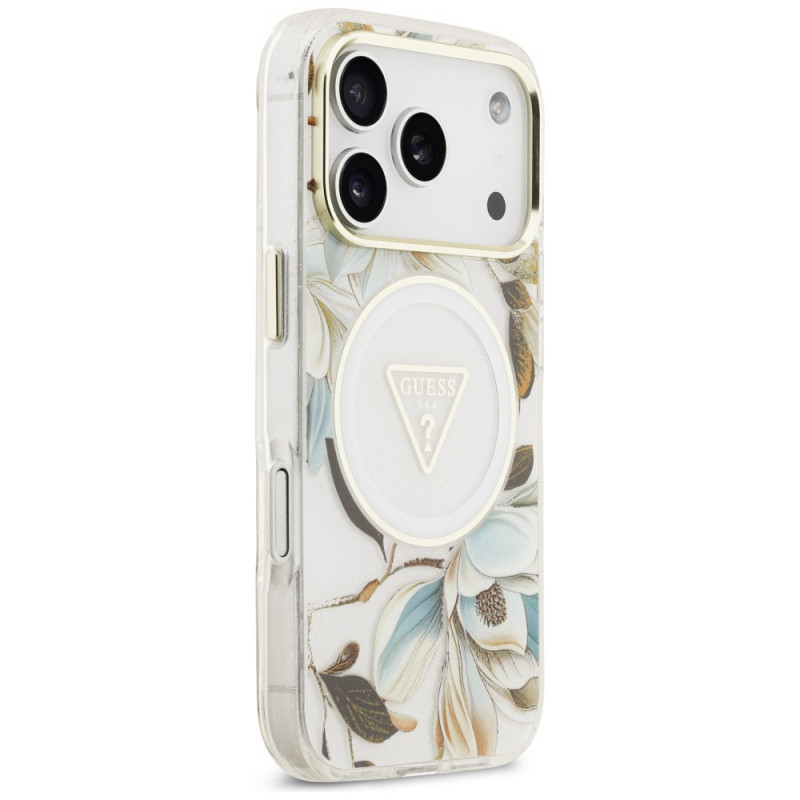 Guess IML Glitter Flowers Triangle MagSafe puzdro pre Apple iPhone 18 Pro Max / 17 Pro Max, biela