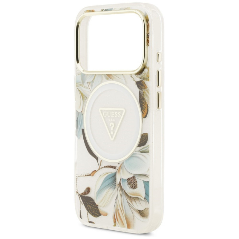 Guess IML Glitter Flowers Triangle MagSafe puzdro pre Apple iPhone 18 Pro Max / 17 Pro Max, biela