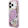 Guess IML Glitter Flowers Triangle MagSafe puzdro pre Apple iPhone 18 Pro Max / 17 Pro Max, fialové