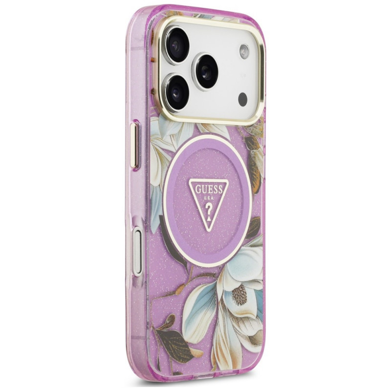 Guess IML Glitter Flowers Triangle MagSafe puzdro pre Apple iPhone 18 Pro Max / 17 Pro Max, fialové