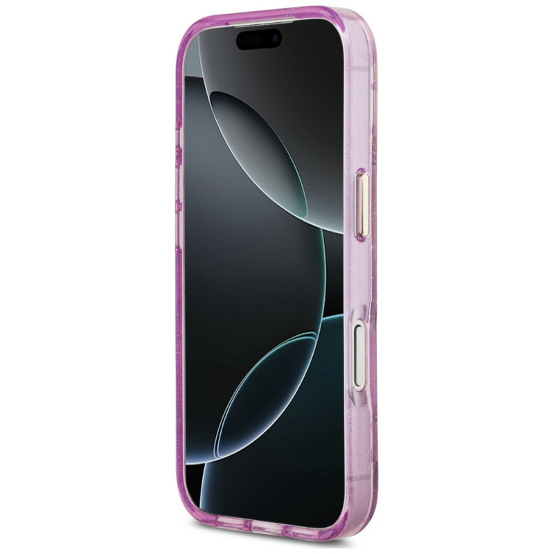 Guess IML Glitter Flowers Triangle MagSafe puzdro pre Apple iPhone 18 Pro Max / 17 Pro Max, fialové