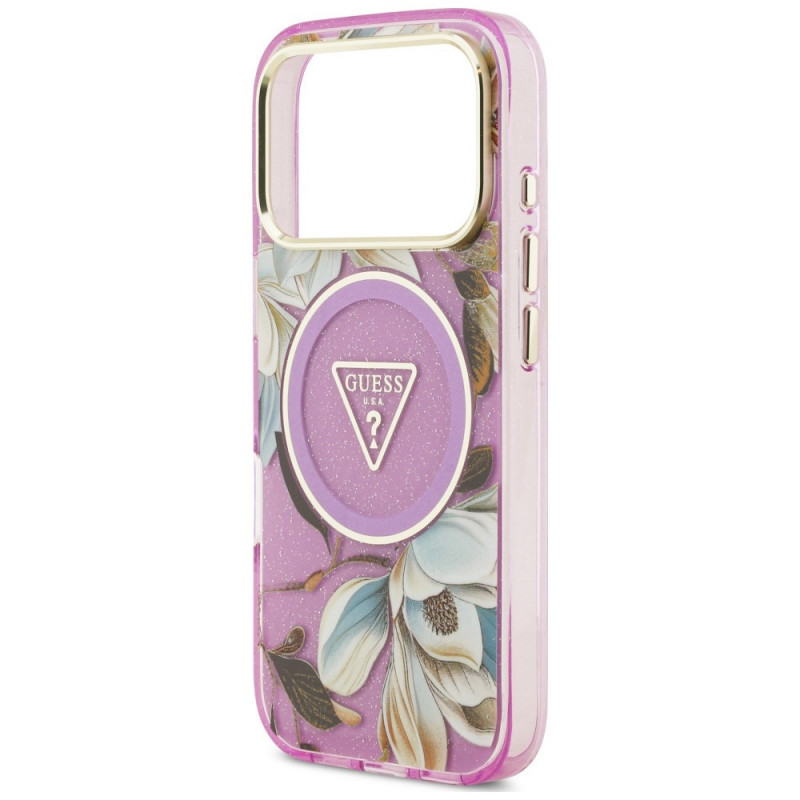 Guess IML Glitter Flowers Triangle MagSafe puzdro pre Apple iPhone 18 Pro Max / 17 Pro Max, fialové