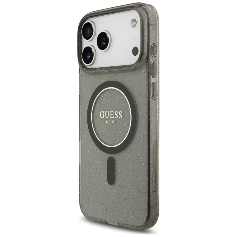 Guess IML Glitter Pearl Strap MagSafe puzdro pre Apple iPhone 18 Pro / 17 Pro, čierne