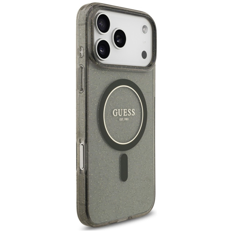 Guess IML Glitter Pearl Strap MagSafe puzdro pre Apple iPhone 18 Pro / 17 Pro, čierne