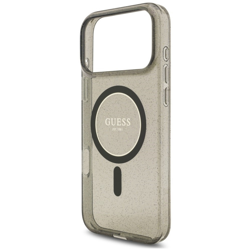 Guess IML Glitter Pearl Strap MagSafe puzdro pre Apple iPhone 18 Pro / 17 Pro, čierne
