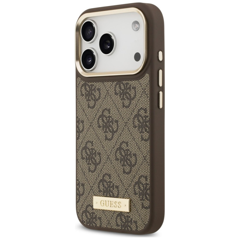 Guess 4G Logo Plate MagSafe puzdro pre Apple iPhone 18 Pro / 17 Pro, hnedé