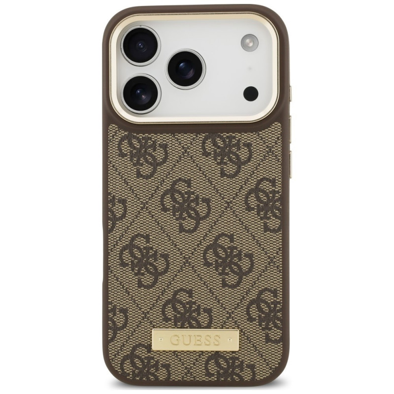 Guess 4G Logo Plate MagSafe puzdro pre Apple iPhone 18 Pro / 17 Pro, hnedé
