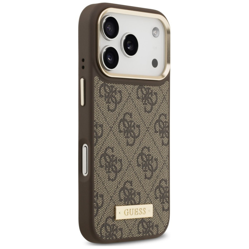 Guess 4G Logo Plate MagSafe puzdro pre Apple iPhone 18 Pro / 17 Pro, hnedé
