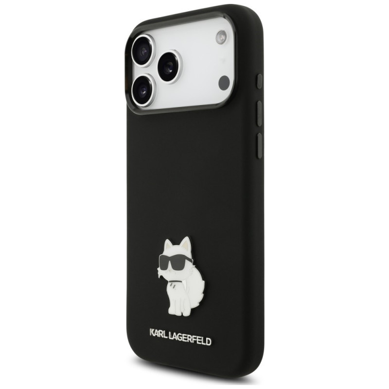 Karl Lagerfeld Silicone Choupette Metal Pin puzdro pre Apple iPhone 18 Pro Max / 17 Pro Max, čierne