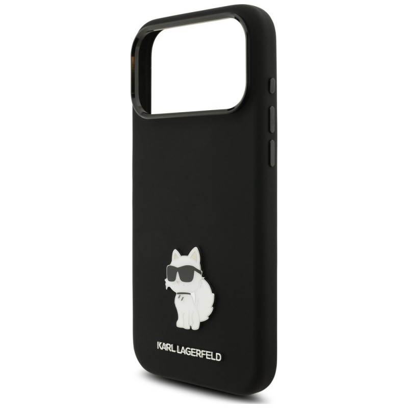 Karl Lagerfeld Silicone Choupette Metal Pin puzdro pre Apple iPhone 18 Pro Max / 17 Pro Max, čierne