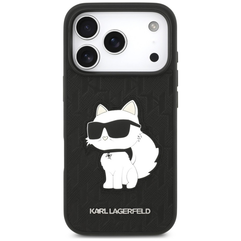 Karl Lagerfeld Saffiano Mono Patch Choupette puzdro pre Apple iPhone 18 Pro / 17 Pro, čierne