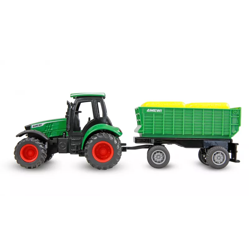 Kovový traktor Amewi s prívesom, 1:64, RTR, zelený