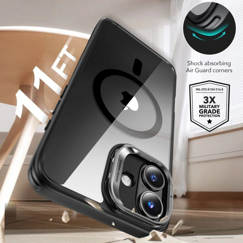 ESR Classic Hybrid Kickstand HaloLock MagSafe puzdro s tvrdeným sklom pre Apple iPhone 16, priehľadné/čierne