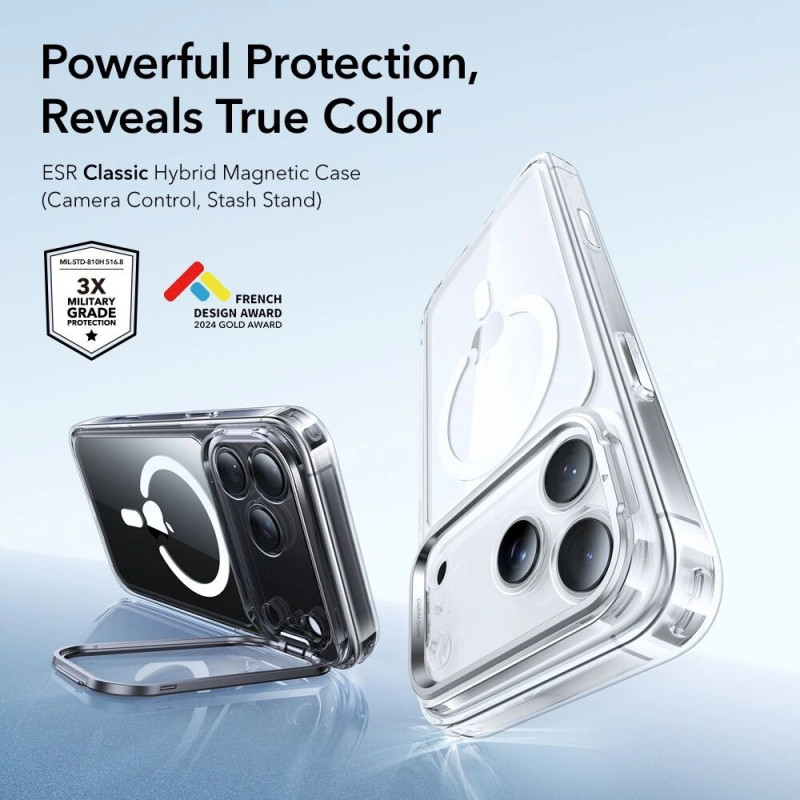ESR Classic Hybrid Kickstand MagSafe puzdro pre Apple iPhone 17 Pro Max, priehľadné
