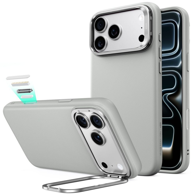 ESR Koženkové puzdro s stojanom MagSafe pre Apple iPhone 17 Pro Max / 18 Pro Max, sivé