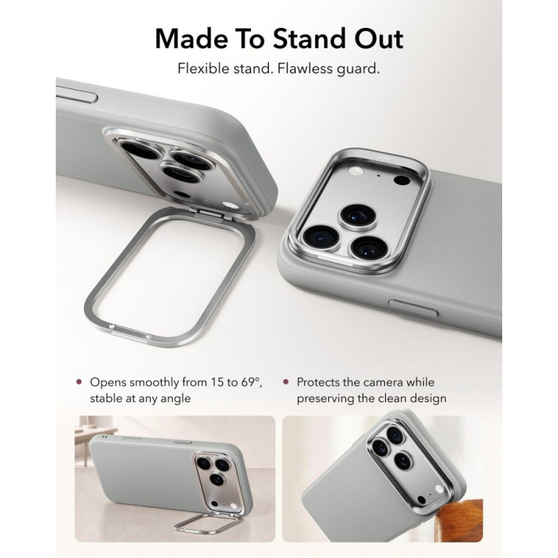 ESR Koženkové puzdro s stojanom MagSafe pre Apple iPhone 17 Pro Max / 18 Pro Max, sivé