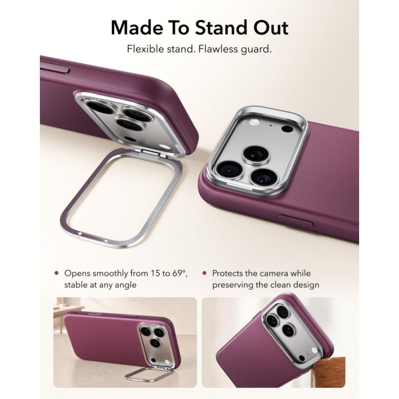 ESR Koženkové puzdro s stojanom MagSafe pre Apple iPhone 17 Pro / 18 Pro, Deep Burgundy