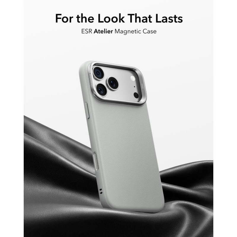 ESR Koženkové puzdro s stojanom MagSafe pre Apple iPhone 17 Pro / 18 Pro, sivé