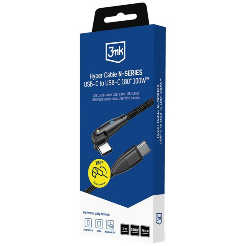 Kábel 3MK Hyper Cable N-SERIES USB-C na USB-C s otočnou koncovkou 180°, 1 m, 100 W, čierny