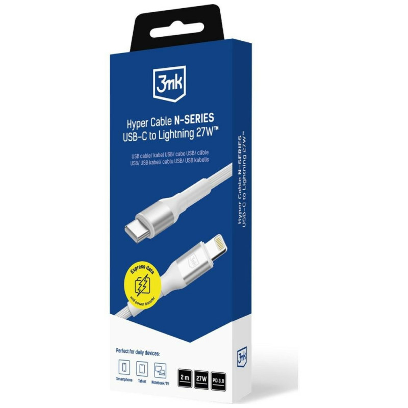 Kábel 3MK Hyper Cable N-SERIES USB-C na Lightning, 2 m, 27 W, biely
