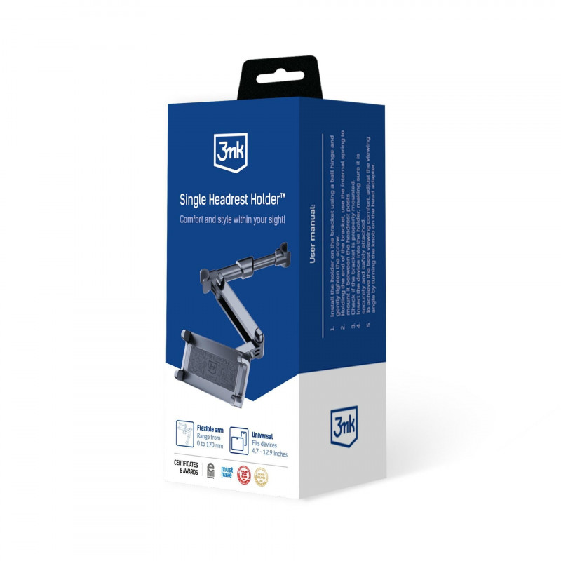 3MK Single Headrest Holder držiak do auta na hlavovú opierku pre telefóny a tablety 4,7"-12,9", čierny