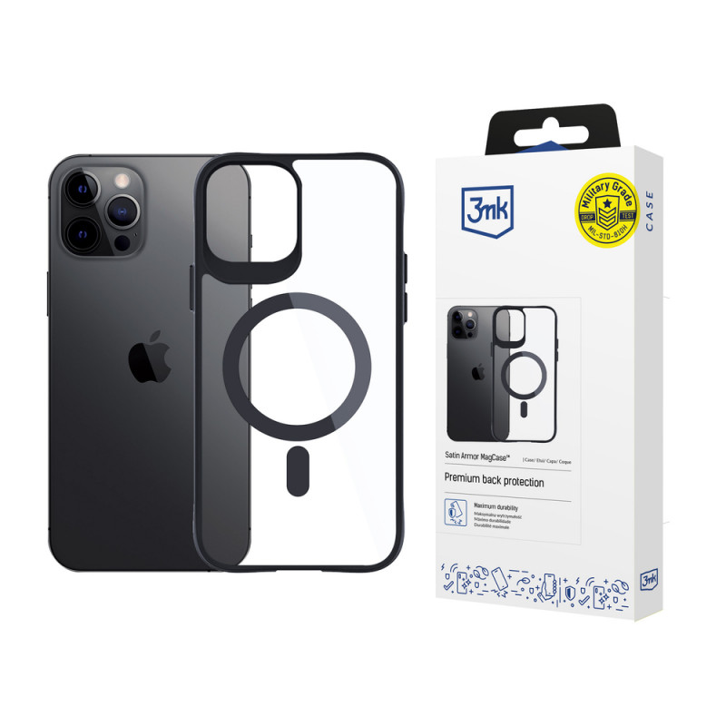 3MK Satin Armor MagCase s MagSafe pre Apple iPhone 12 Pro Max, priehľadný s čiernym rámom