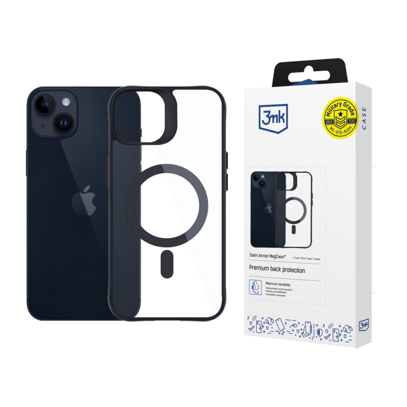 3MK Satin Armor MagCase s MagSafe pre Apple iPhone 14 Plus, priehľadný s čiernym rámom (156076-0)