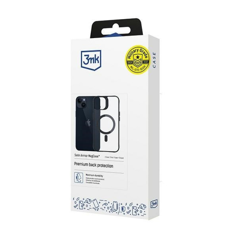 3MK Satin Armor MagCase s MagSafe pre Apple iPhone 14 Plus, priehľadný s čiernym rámom (156076-0)