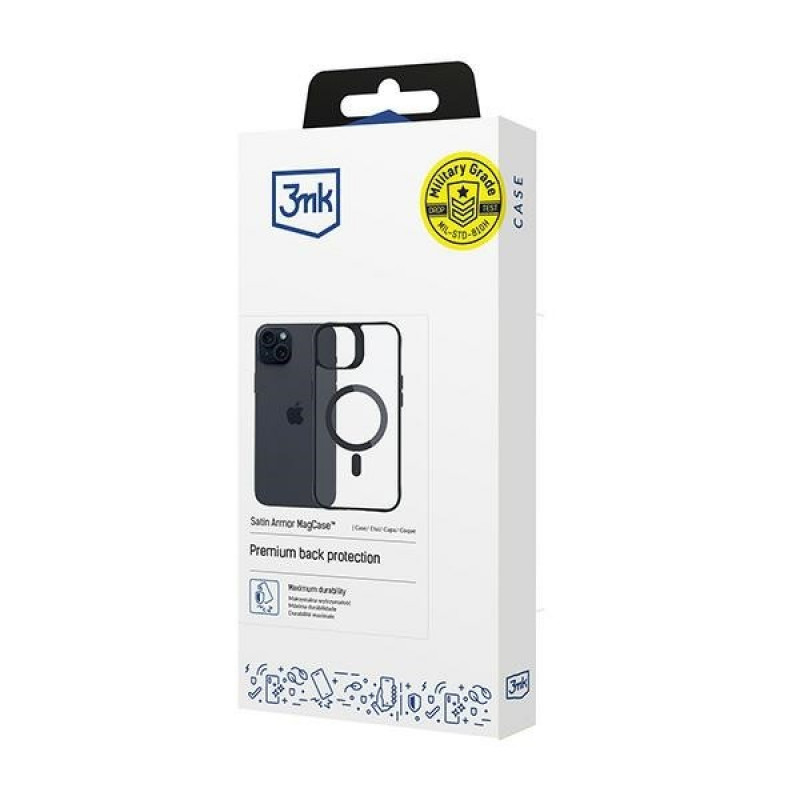 3MK Satin Armor MagCase s MagSafe pre Apple iPhone 15 Plus, priehľadný s čiernym rámom (156080-0)
