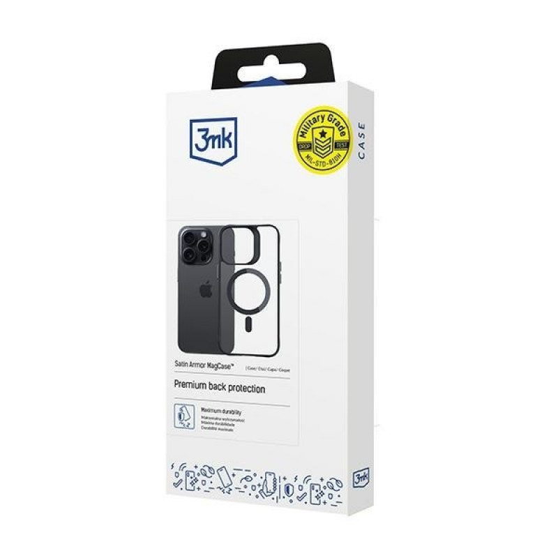 3MK Satin Armor MagCase s MagSafe pre Apple iPhone 15 Pro, transparentné s čiernym rámom