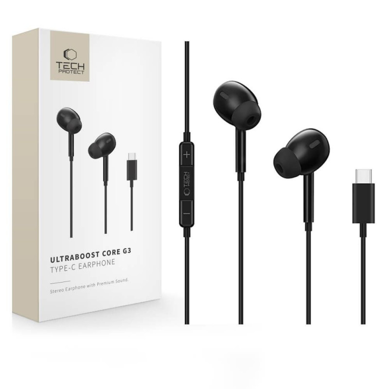 Tech-Protect Ultraboost Core G3 USB-C drôtové slúchadlá, čierne
