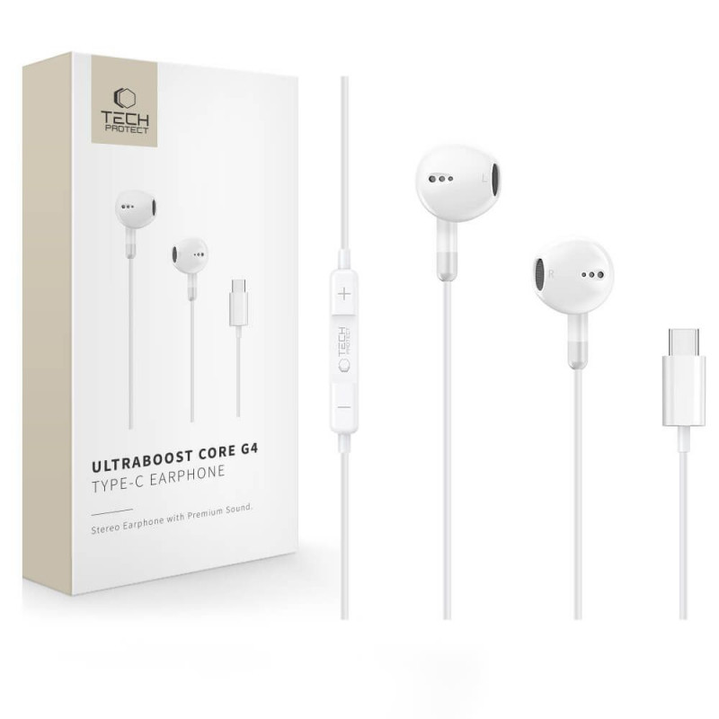 Drôtové slúchadlá Tech-Protect Ultraboost Core G4 USB-C, biele
