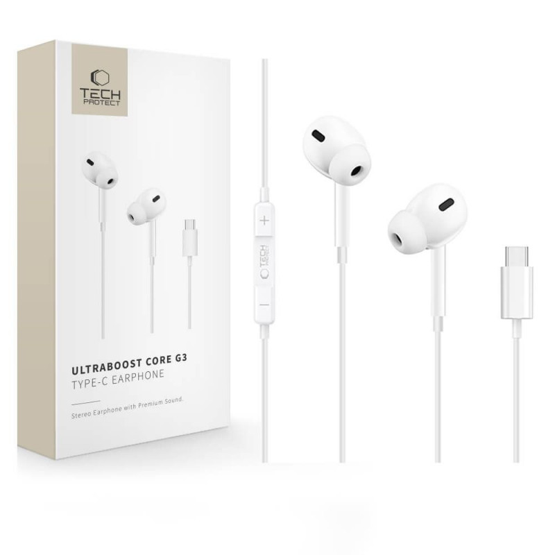 Tech-Protect Ultraboost Core G3 USB-C drôtové slúchadlá, biele
