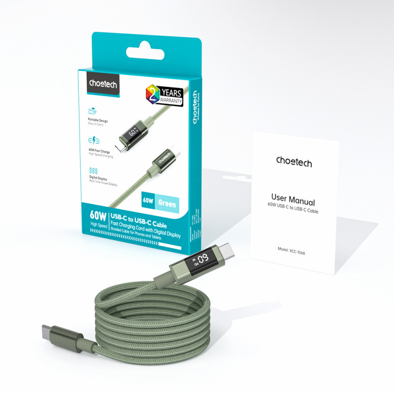 Choetech XCC-1068 PD 60W kábel USB-C na USB-C s displejom, 1,2 m, zelený