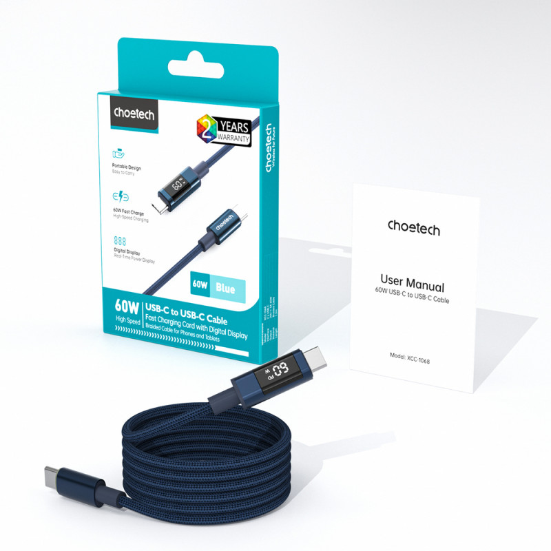 Choetech XCC-1068 PD 60W kábel USB-C na USB-C s displejom, 1,2 m, modrý