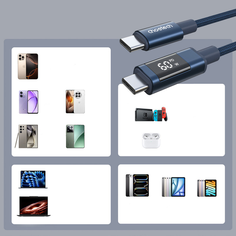 Choetech XCC-1068 PD 60W kábel USB-C na USB-C s displejom, 1,2 m, modrý