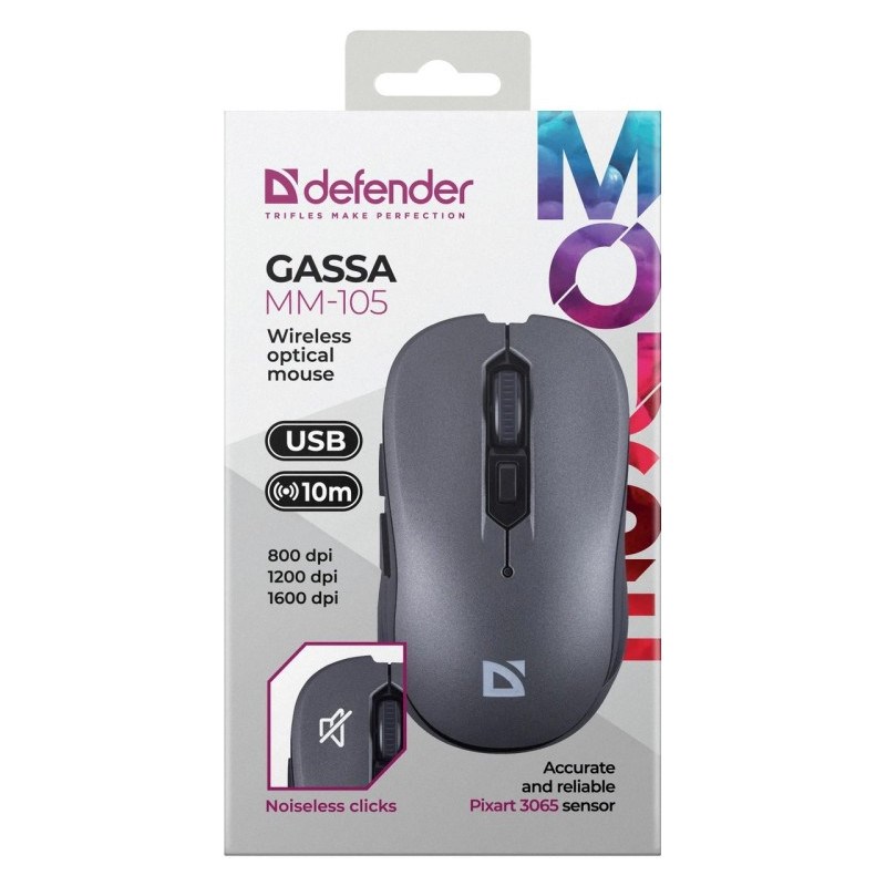 Defender Gassa MM-105 RF Silent bezdrôtová myš, sivá