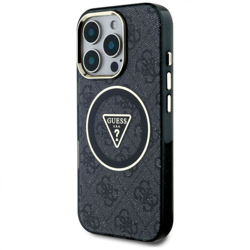 Guess GUHMP16LHG4PRTGK IML Metal Glitter 4G Circle Triangle MagSafe puzdro pre Apple iPhone 16 Pro, čierne