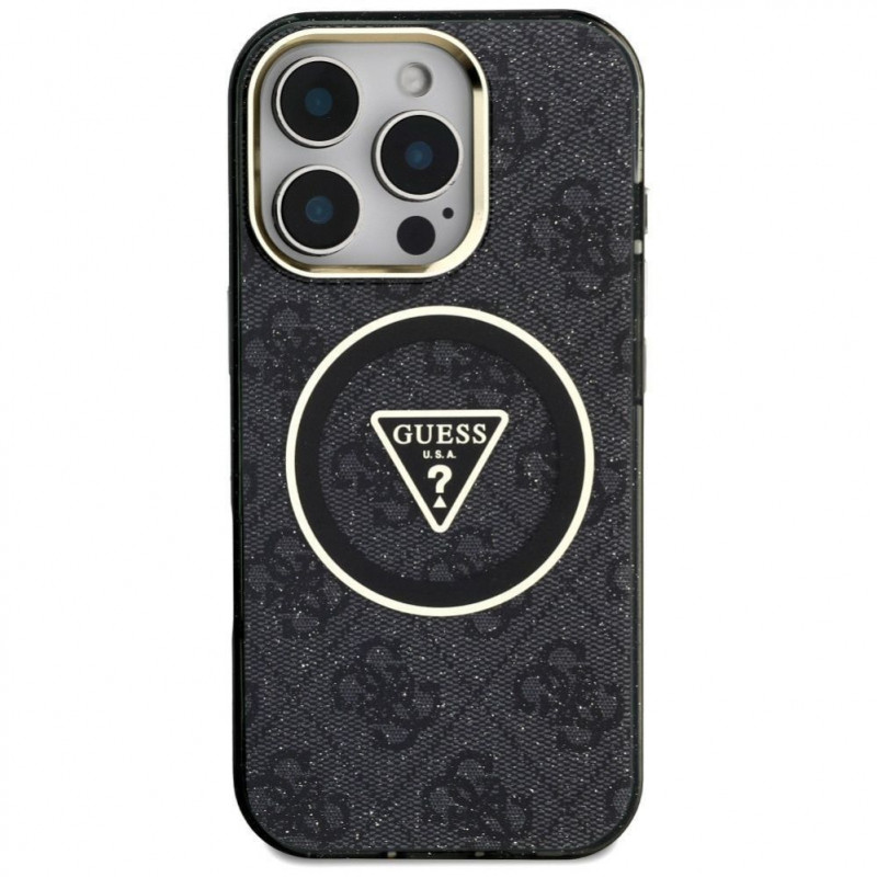 Guess GUHMP16LHG4PRTGK IML Metal Glitter 4G Circle Triangle MagSafe puzdro pre Apple iPhone 16 Pro, čierne