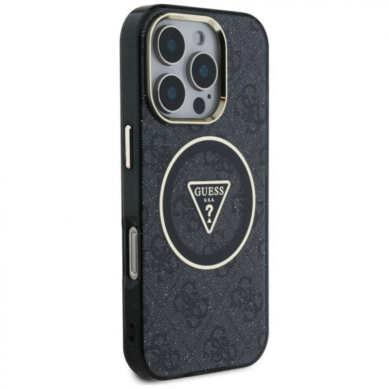 Guess GUHMP16LHG4PRTGK IML Metal Glitter 4G Circle Triangle MagSafe puzdro pre Apple iPhone 16 Pro, čierne