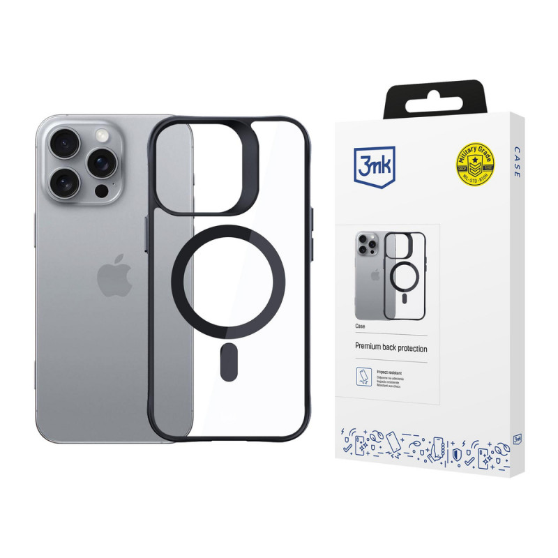 3mk Satin Armor MagCase s MagSafe pre Apple iPhone 16 Pro, priehľadný s čiernym rámom