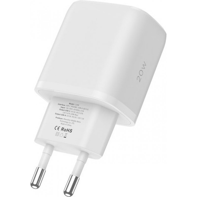 Nástenná nabíjačka Tech-Protect C20W s 2 portmi, USB-C PD 20W a USB-A QC 3.0, biela