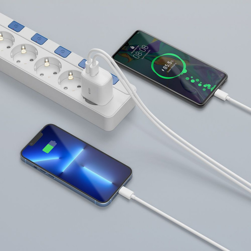 Nástenná nabíjačka Tech-Protect C20W s 2 portmi, USB-C PD 20W a USB-A QC 3.0, biela