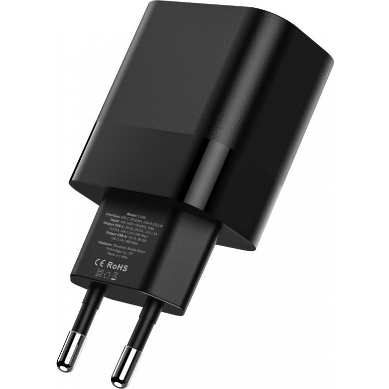 Tech-Protect C30W 2-portová nástenná nabíjačka, USB-C PD 30W a USB-A QC 3.0, čierna