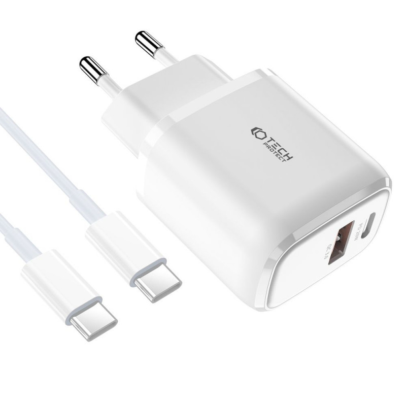 Tech-Protect C20W 2-portová nástenná nabíjačka PD 20W QC 3.0 s káblom USB-C, biela