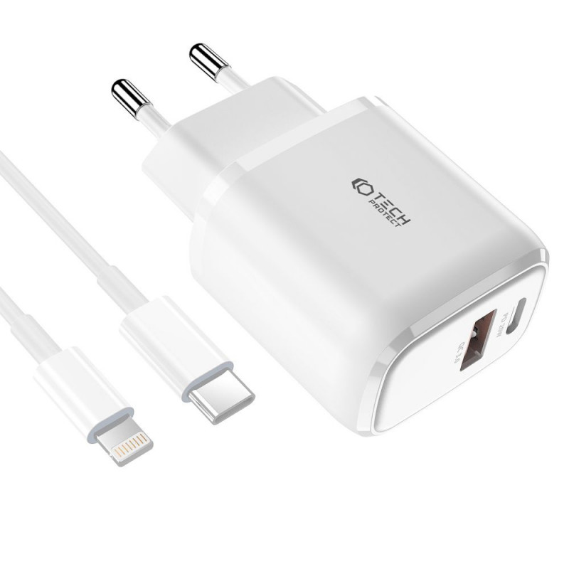 Tech-Protect C20W 2-portová nástenná nabíjačka PD 20W QC 3.0 s káblom Lightning, biela